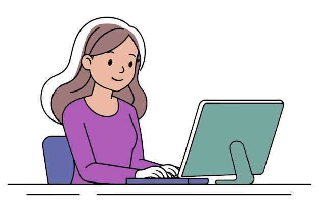 コンピューターでタイプする女の子 フラットラインアートベクトルイラスト