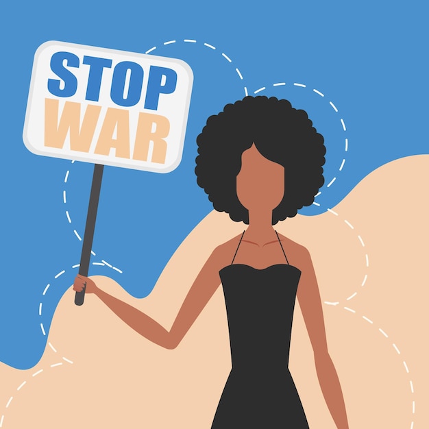 Una ragazza di nazionalità ucraina tiene un banner con la scritta stop the war cartoon style vector