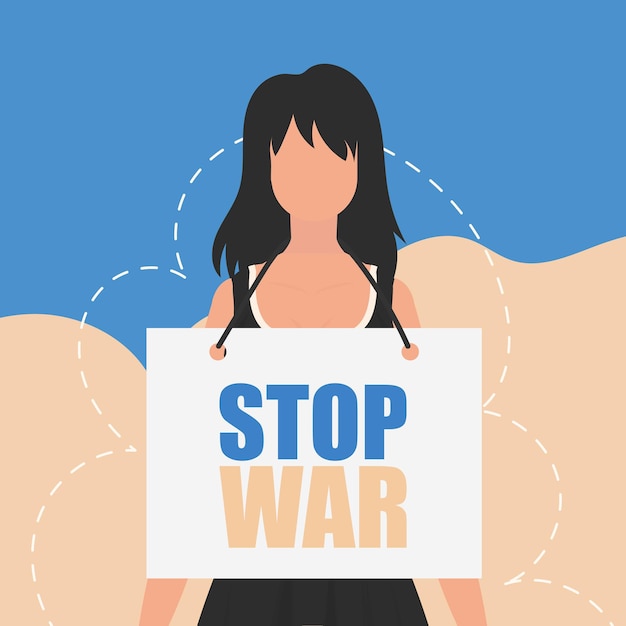 Una ragazza di nazionalità ucraina tiene un poster con la scritta stop the war illustrazione vettoriale