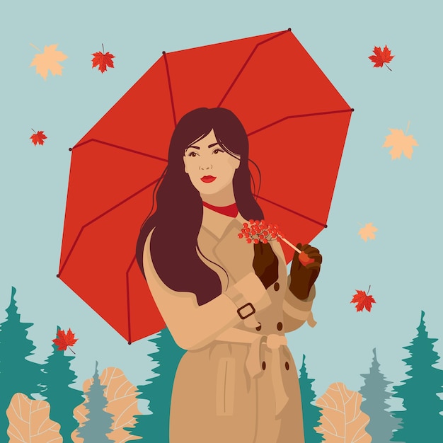 Vector girl umbrella fall