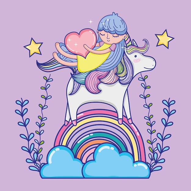 Girl and unicorn cute cartoons