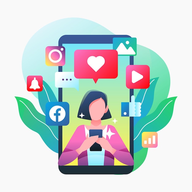 a girl use smartphone & browsing social media illustration design
