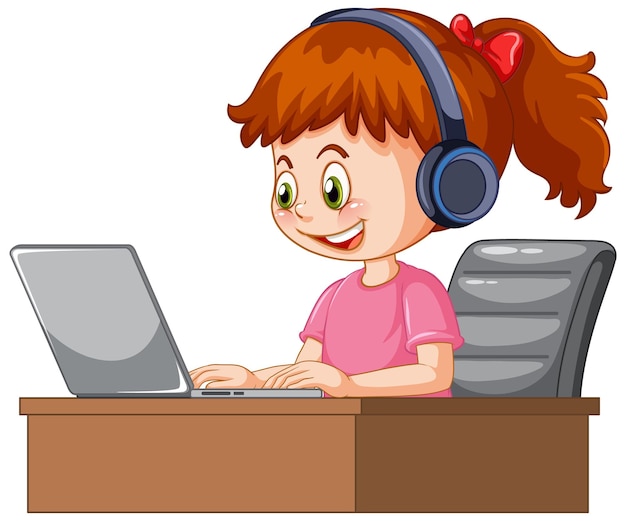 A girl using laptop cartoon