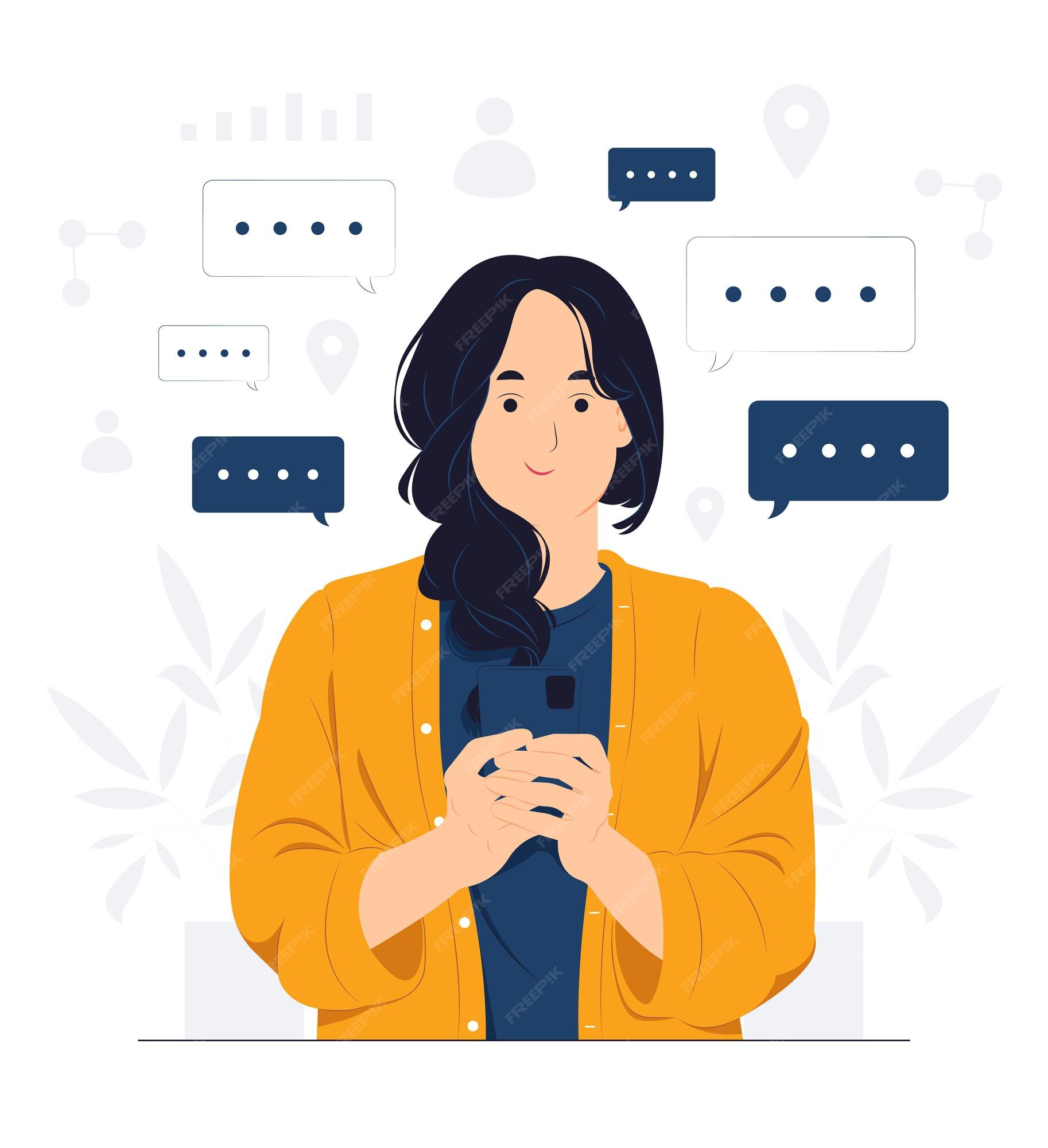 Chat concept. Woman chatting with friends online. Social networking, chat,  video, news, messages, search friends. Vector illustration. Flat. 4161230  Vector Art at Vecteezy