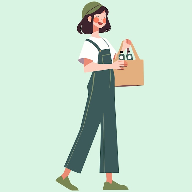 Vector girl using paper bag while shopping