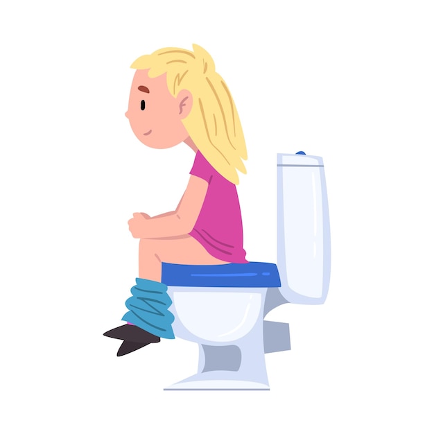 Girl using toilet bowl cute child daily routine activity cartoon style vector illustration on white background