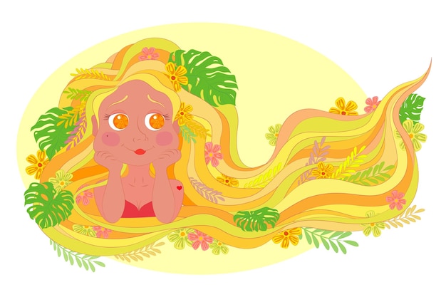 Girl on vacation blonde with long hair decorated with tropical flowers and monstera leaves