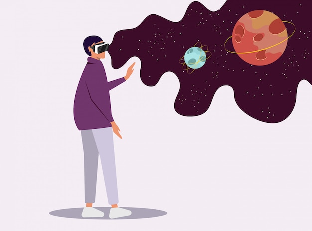 Vector girl in virtual glasses sees space