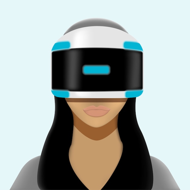 Vettore ragazza nel casco di realtà virtuale. donna in occhiali vr, tecnologia di interfaccia. illustrazione.