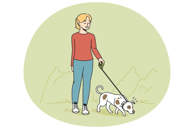Girl walking dog on leash outdoors Happy child with pet enjoying walk in park Domestic animal and friendship Vector illustration