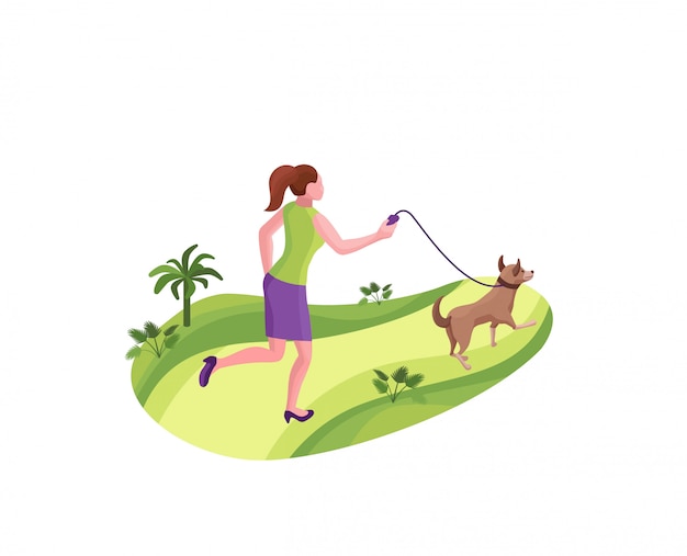 공원에서 개를 산책하는 소녀