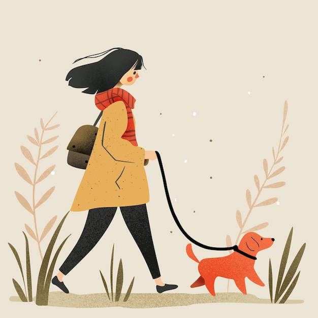 A girl walking her dog in the park in autumn