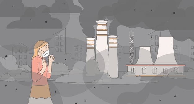 Vector girl and walking near factory pipes cartoon outline illustration. air pollution, city smog, fine dust concept.