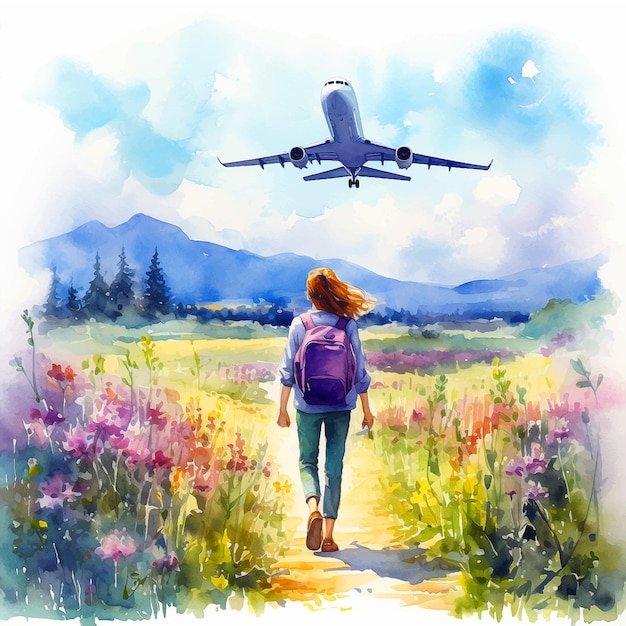 Girl walking in the park and airplane flying in the background watercolor paint