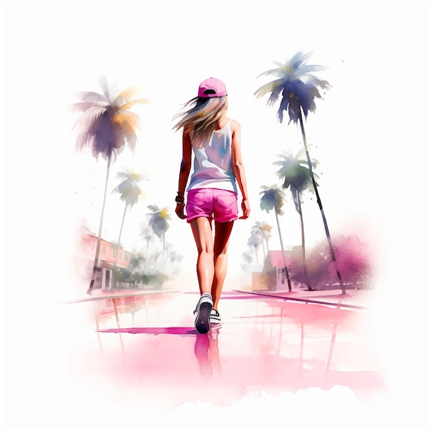 Девушка идет по улице с пальмами акварельной краской