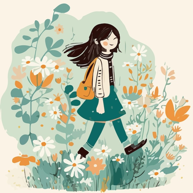 Vector a girl walking through a field of flowers.