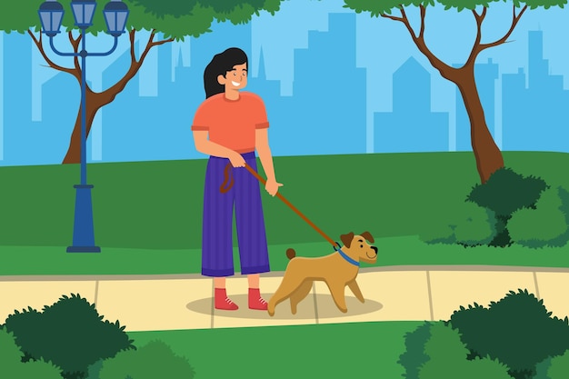 Vettore ragazza che cammina con il suo cane nel parco