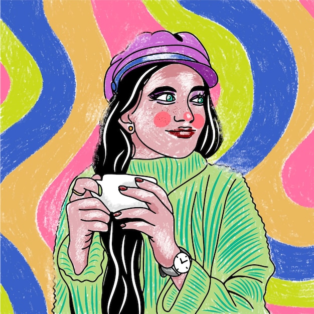 Girl in a warm sweater with a cup of coffee illustration with bright geometric background