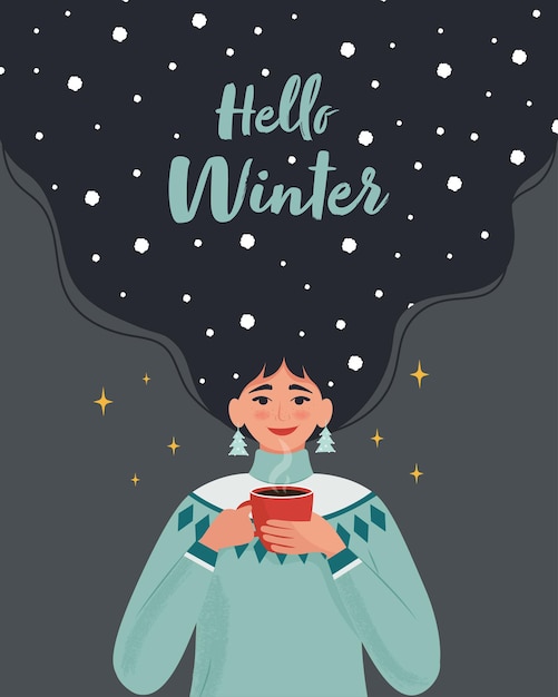 Vector girl in warm sweater with hot mug and with snow in her hair vector design template