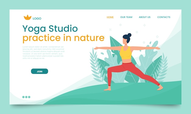 A girl in a warrior pose does yoga in nature. landing page template.