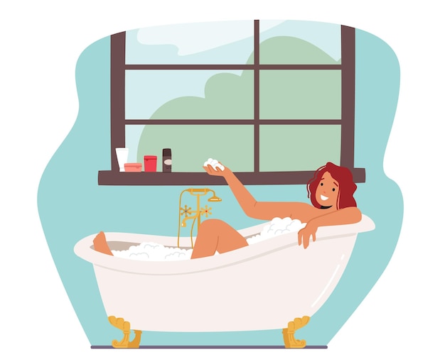 Vector girl washing body sitting in foamy bath tub with bubbles. young woman relaxing in bathtub with foam and cosmetics