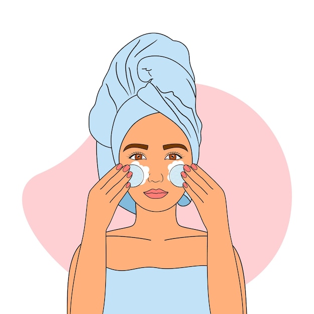 girl washing face with help of cotton pads. skincare and beauty concept. vector illustration.