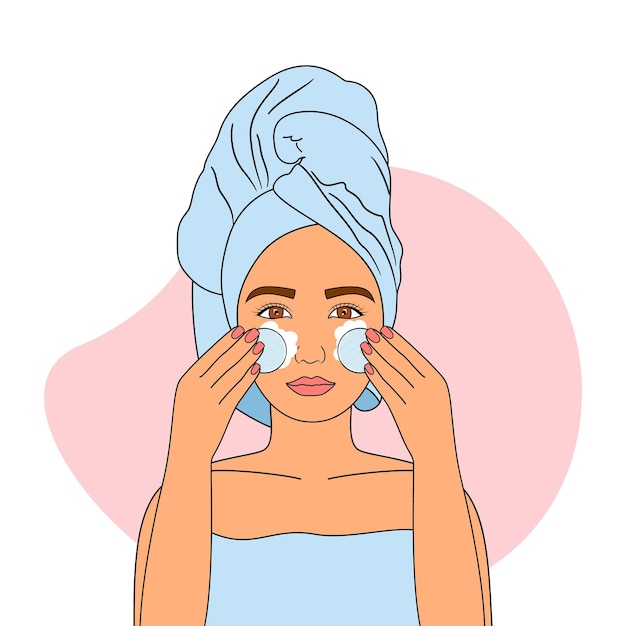 Girl washing face with help of cotton pads. Skincare and beauty concept. Vector illustration.