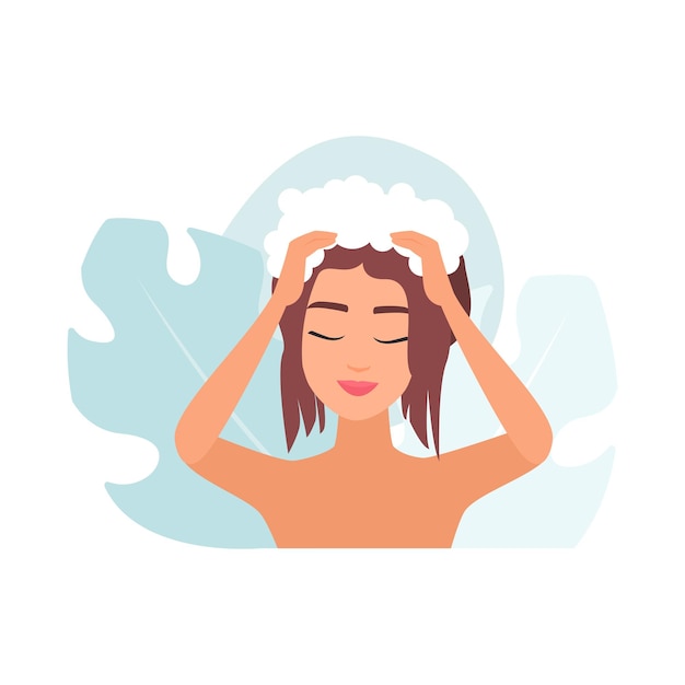 Girl washing hair and scalp with shampoo foam in bathroom
