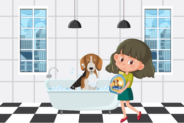 A girl washing her beagle dog in the bathroom