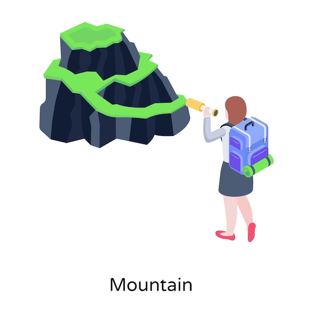 Ragazza che guarda l'icona isometrica delle montagne con grafica alta