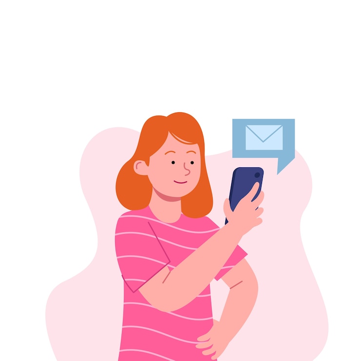 Vector girl watching phone checking message in flat design