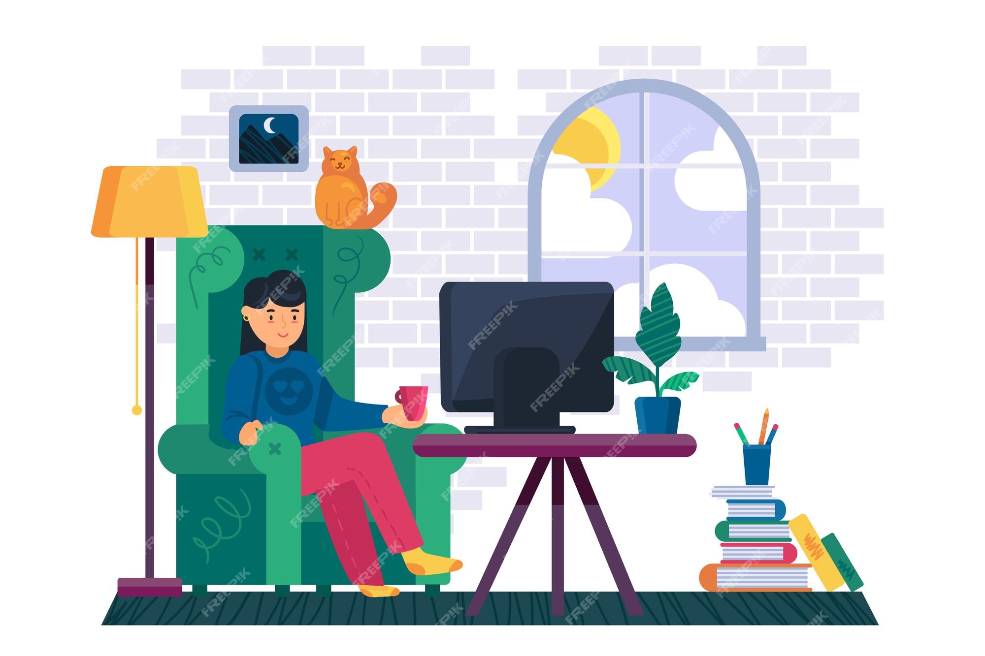 Premium Vector | Girl watching television channel at home vector. young woman sit in comfortable chair and watch smart tv online video or films, media digital technology. character lady enjoy flat cartoon Premium Vector | Girl watching television channel at home vector. young woman sit in comfortable chair and watch smart tv online video or films, media digital technology. character lady enjoy flat cartoon