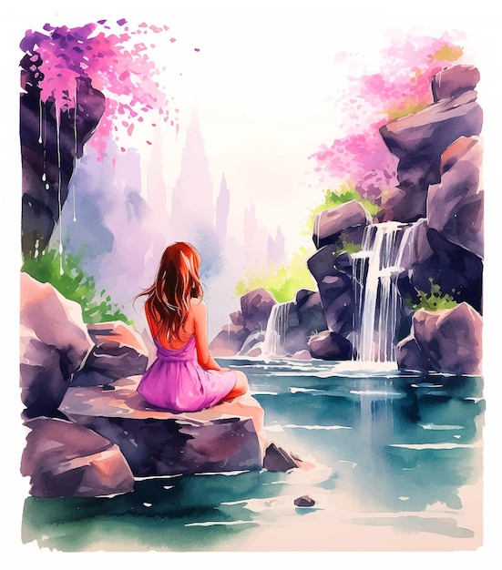 Vettore ragazza in una cascata nella pittura ad acquerello della natura
