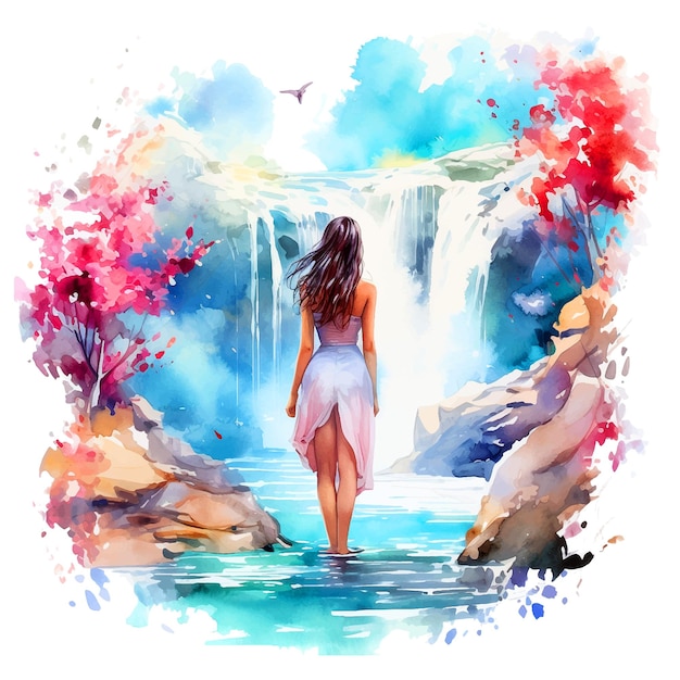 Girl in a waterfall in nature watercolor paint