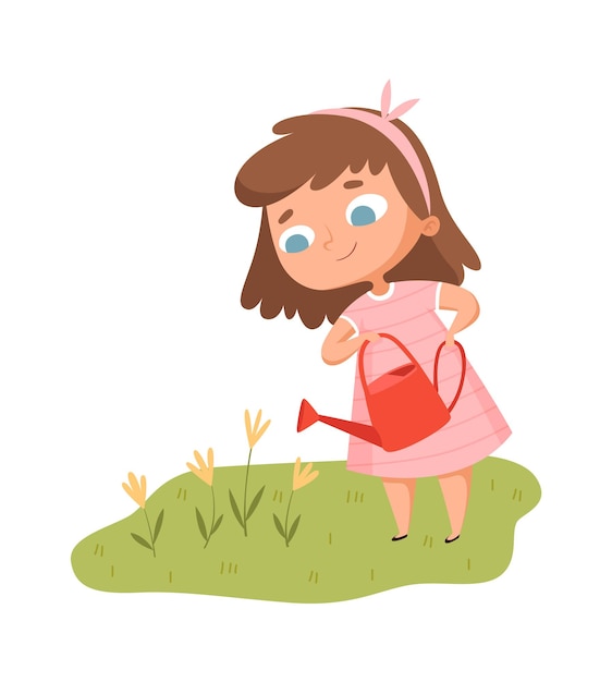 Ragazza che innaffia i fiori. il bambino con l'annaffiatoio si prende cura del giardino. isolato carino piccolo bambino fumetto illustrazione vettoriale di prato. giardiniere ragazza carina, persona di carattere allegro