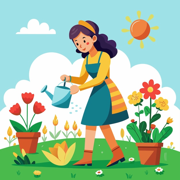 Vector a girl watering flowers in a garden with a girl watering her plants