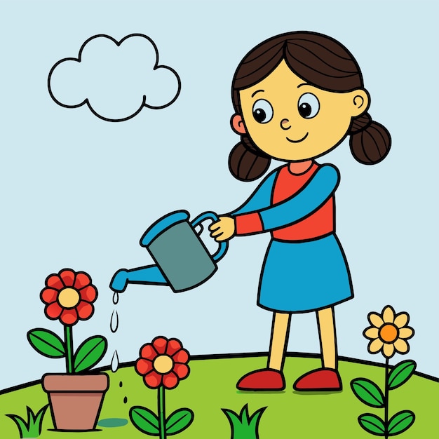 Vettore una ragazza che annaffia fiori con un tubo d'acqua