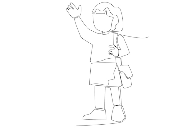 A girl waving her hand return from school line art