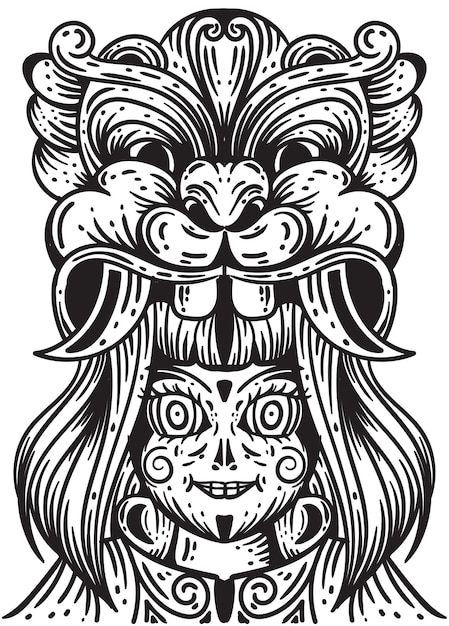 Girl Wear Barong Mask Illustration Art