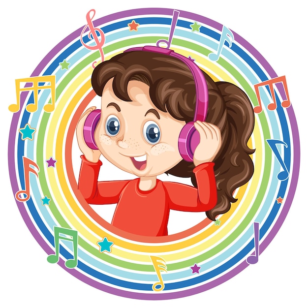Девушка носить наушники в радужной круглой рамке с символами мелодии