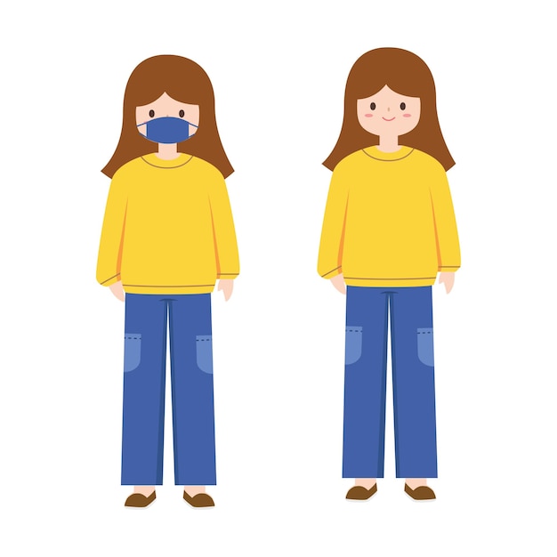 女の子は、黄色のセーターとフェイス マスクとブルー ジーンズを着用します。ベクトル イラスト キャラクター デザイン