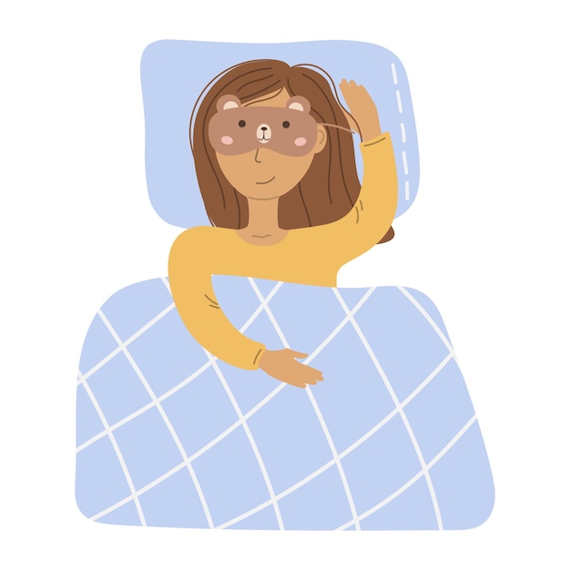 ベクトル スリープマスクをかぶった女の子がベッドに寝た 健康的な睡眠コンセプト