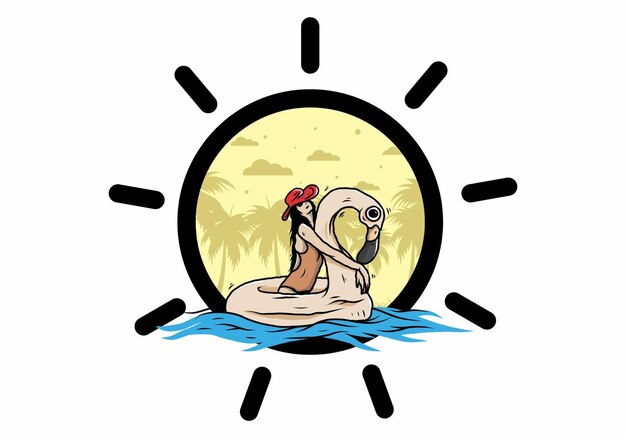 Girl wearing beach hat in an inflatable lifebuoy Flamingo illustration