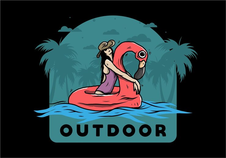 Vector girl wearing beach hat in an inflatable lifebuoy flamingo illustration