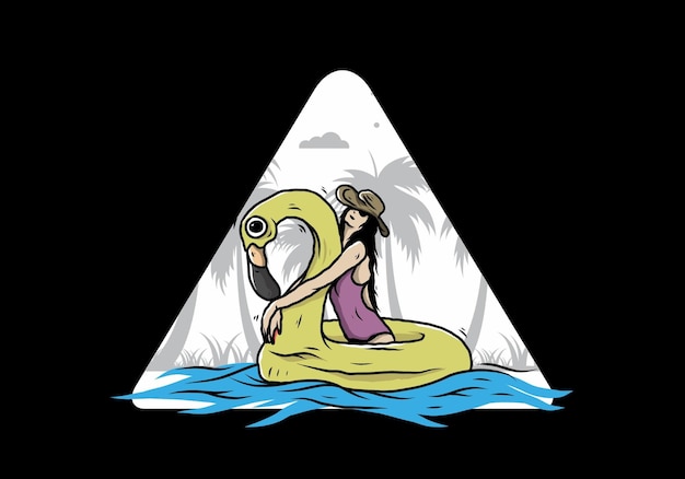 Vector girl wearing beach hat in an inflatable lifebuoy flamingo illustration