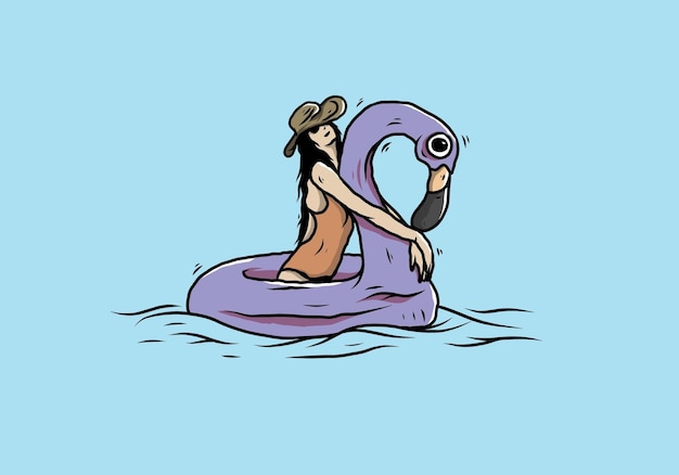 Girl wearing beach hat in an inflatable lifebuoy flamingo illustration