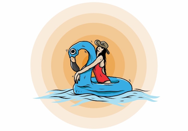 Girl wearing beach hat in an inflatable lifebuoy flamingo illustration