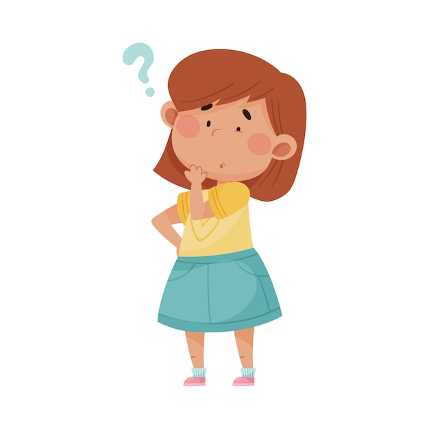 Vector girl wearing blue skirt touching her chin showing puzzled expression on her face vector illustration