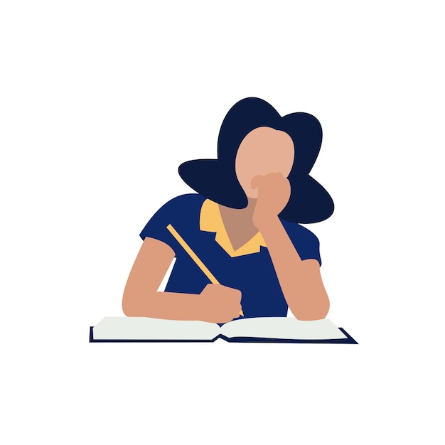 Vector girl wearing blue t-shirt studying illustration