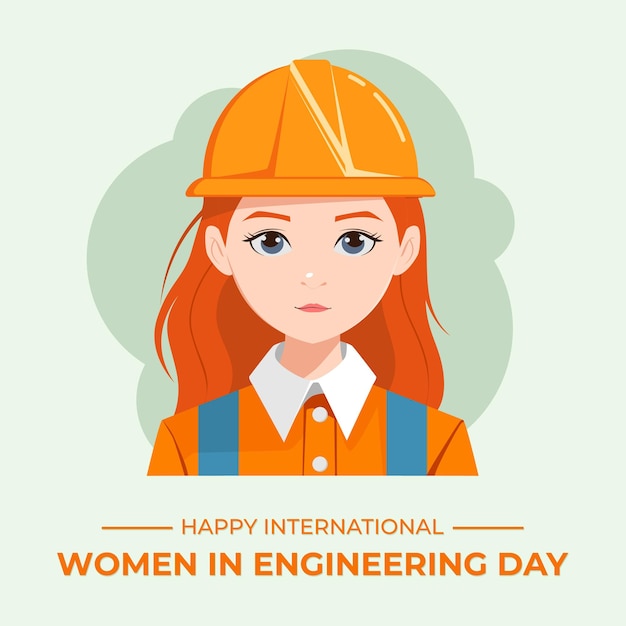 Vector girl wearing engineering helmet cartoon flat design international women in engineering day